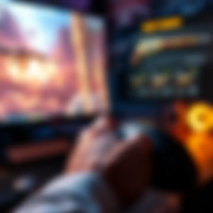 Smooth Weapon Swap A close-up of a PC setup showing a hand using a mouse to scroll through weapons in a game, with weapons displayed on the screen
