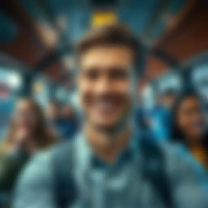 A person smirking confidently following an unexpected transportation choice, with a surprised crowd in the background.