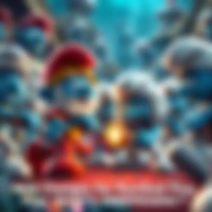 Smurf characters engaged in a battle in a gaming environment, showcasing competitive gameplay