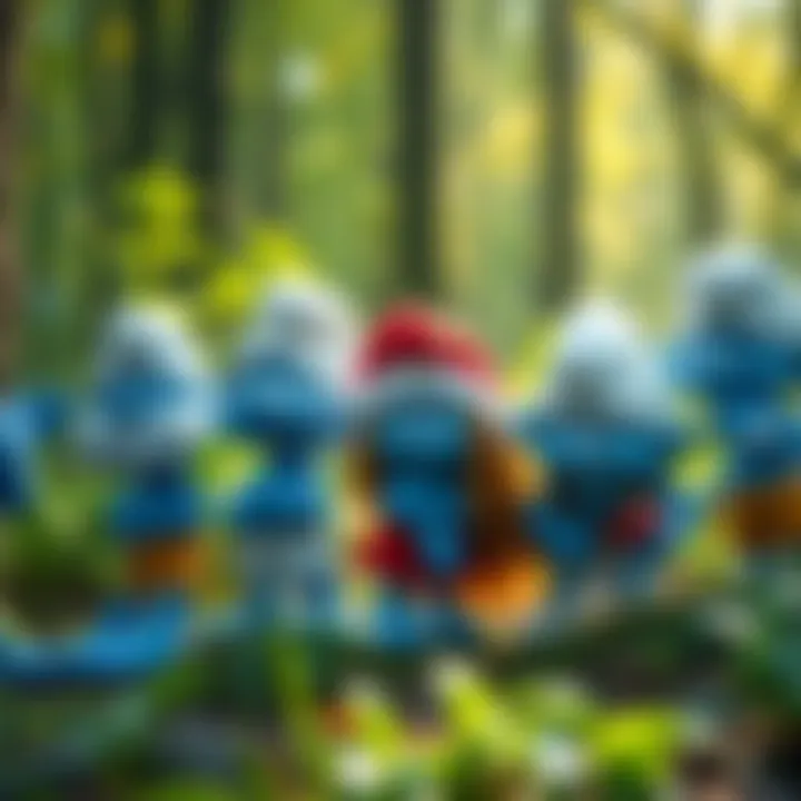 A group of cheerful blue Smurfs gathered in a bright green forest, showcasing their playful nature and friendship.
