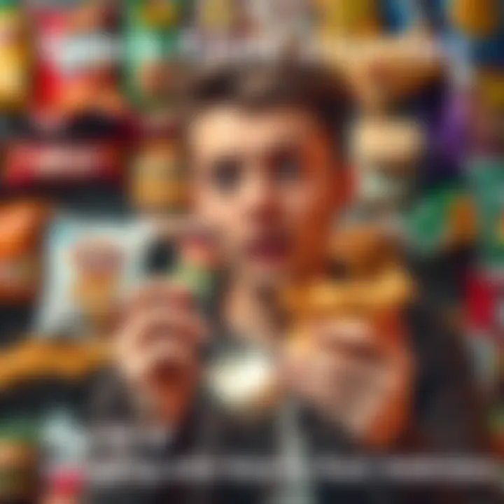 A person holding a healthy snack while looking determined, with a background of various snack foods.