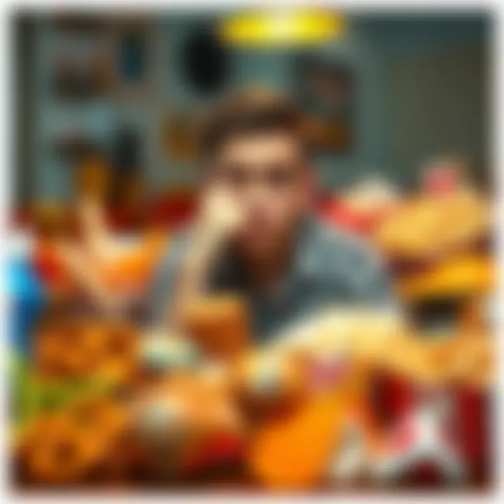 Snack foods and cravings A variety of snack foods like chips, pretzels, and popcorn on a table with a person looking pensive and tempted, contemplating their choices.