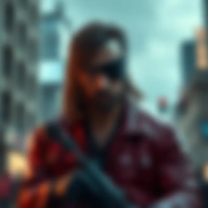 A film character resembling a tough, rugged hero with a unique hairstyle and eye patch, representing Snake Plisken, set against a dramatic urban backdrop.