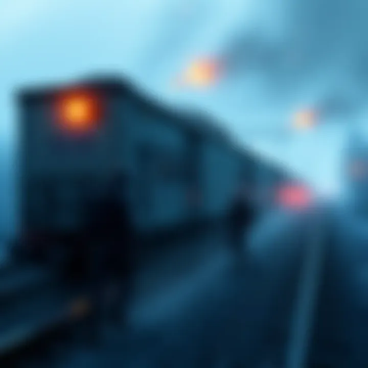 Sneaking past train car horde A gamer sneaks quietly by a train car filled with enemies, trying to avoid detection.