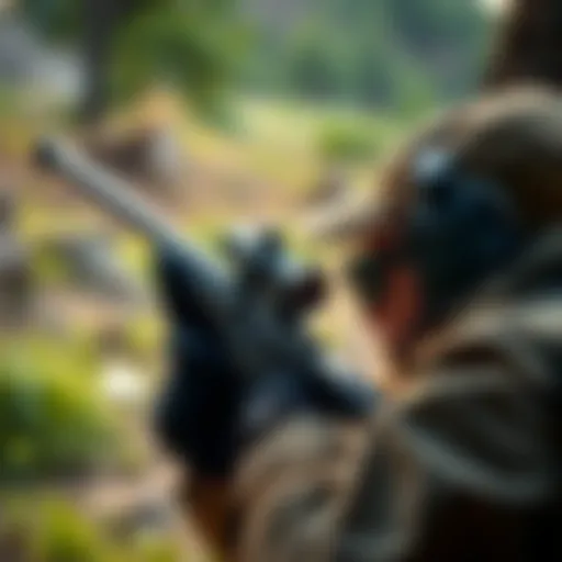 An amateur sniper aiming with focused determination, capturing a surprising trick shot moment.