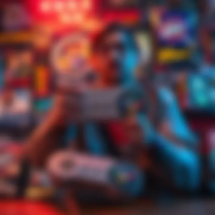 A gaming enthusiast holds a rare SNES game, surrounded by other classic titles, evoking nostalgia and excitement.