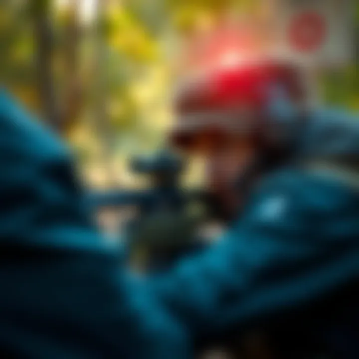 A sniper focusing on breath control while aiming at a target in a natural setting