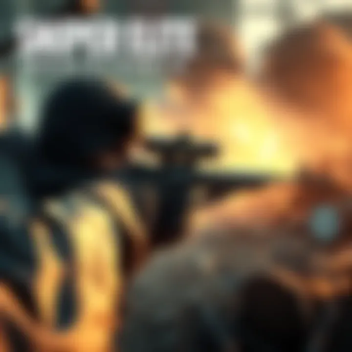 A character stealthily aiming a sniper rifle in a war-torn environment