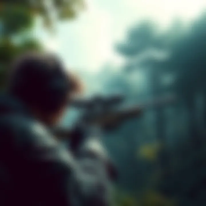 A character aiming a sniper rifle in a lush forest setting, preparing for a tense battle in MGS3
