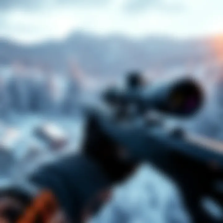 Sniper Elite 5 Hitler Search A player looking for Hitler in the Wolf Mountain mission of Sniper Elite 5, holding a sniper rifle and scanning the snowy terrain.