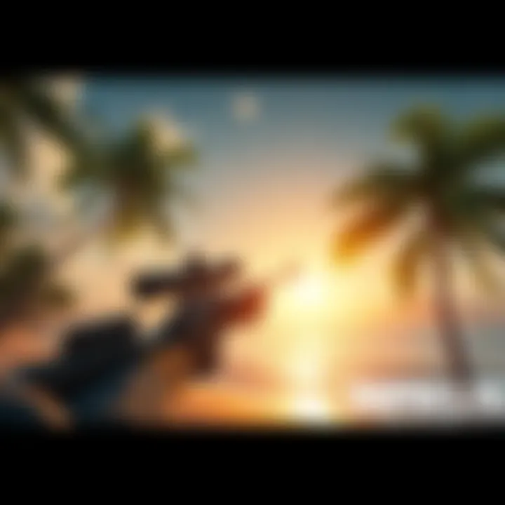 Concept art showing a sniper in a tropical Pacific landscape with palm trees and ocean in the background.