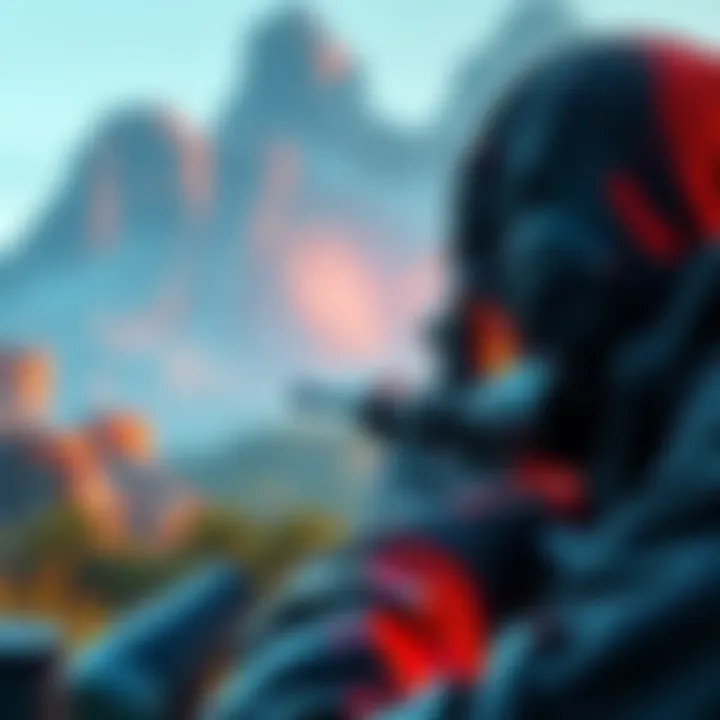 A sniper character aiming through a scope in a digital gaming landscape, focusing intently on a target.