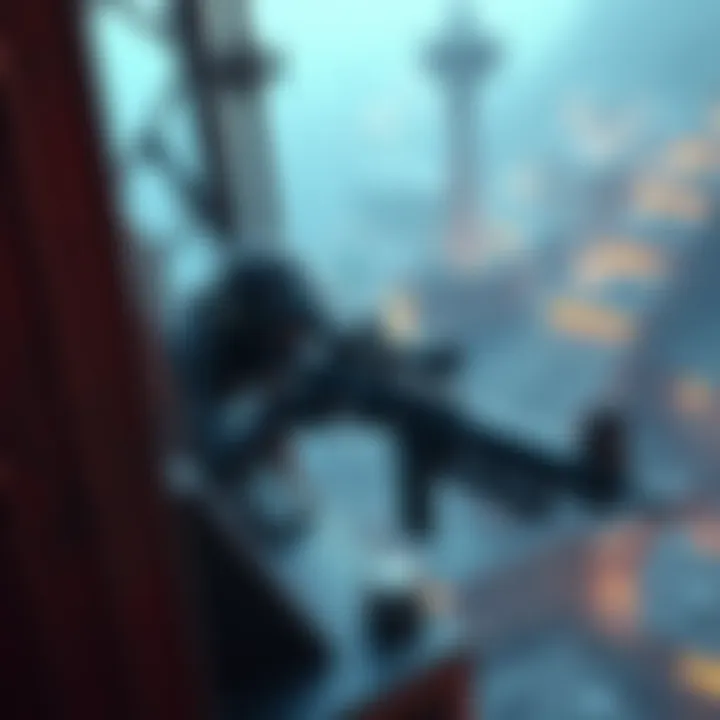 A sniper sits at Blue Gate's communications tower, using ziplines and barricades for cover while setting traps for opponents.