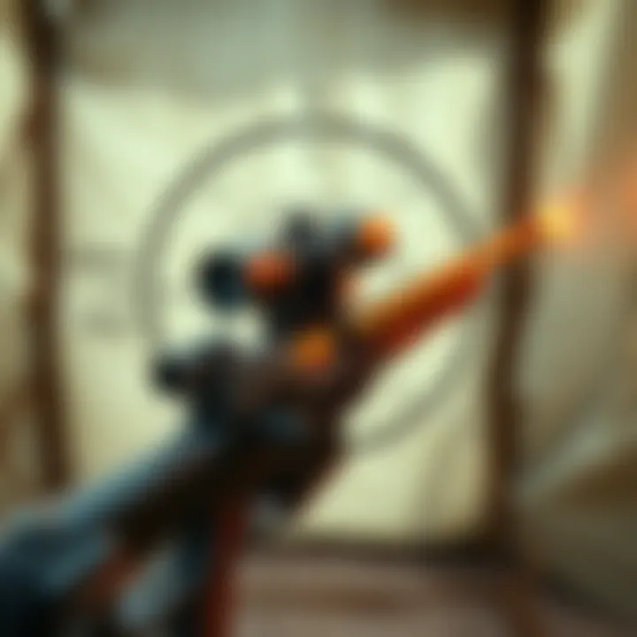 Sniper rifle with reduced fire rate A sniper rifle with a target in the background, showing a bullet drop effect