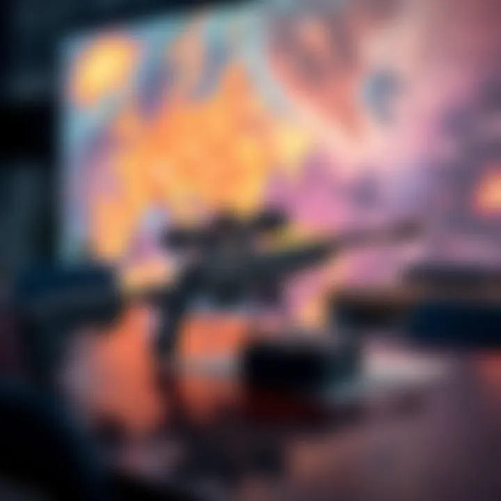 A sniper rifle positioned on a table, with the Shipment map in the background, showcasing the competitive setup for a 1v1 match.