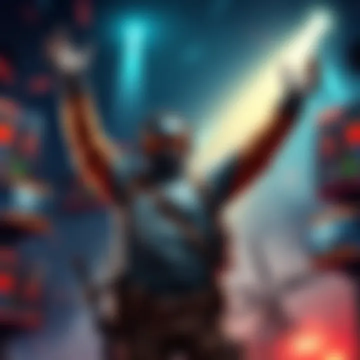 Sniper celebrating a victory A sniper stands with arms raised in joy after a successful game, surrounded by game graphics depicting scores and targets.