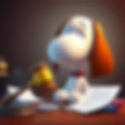 Snoopy, the beagle character, shown looking worried with a gavel and legal documents beside him, representing the copyright lawsuit against GameMill.