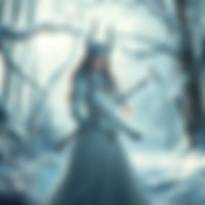 A Snow Elf Sorceress wielding magic in a snowy forest, surrounded by frost-covered trees and shimmering ice crystals.