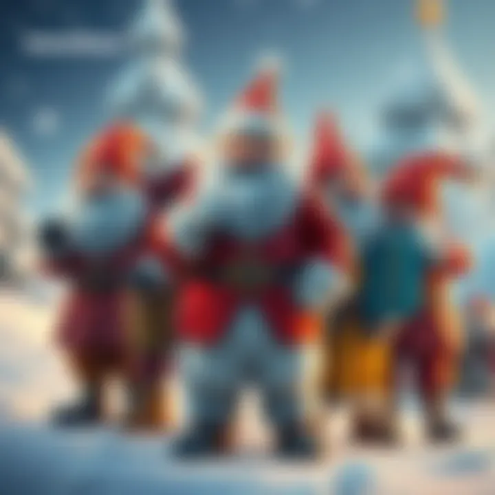 SnowSheev stands with four dwarves, each showcasing distinct looks and expressions, highlighting their teamwork and fresh ideas.