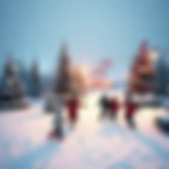 A snowy landscape with children joyfully playing in the snow, surrounded by decorated trees and a festive atmosphere.
