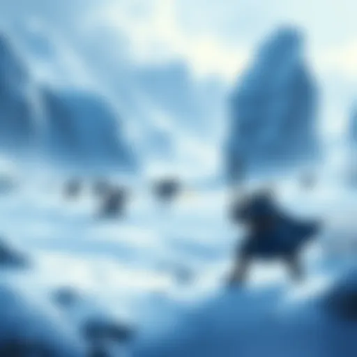 A snowy landscape featuring characters battling in a winter setting with icy mountains and snowflakes