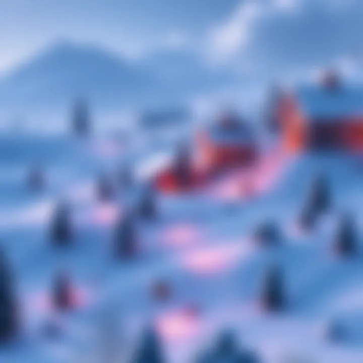 A snowy landscape in a video game featuring a fully snow-covered map with festive decorations and Christmas trees.
