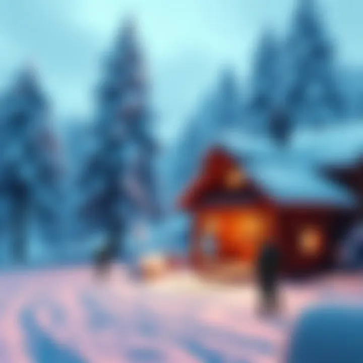 A picturesque snowy landscape with a cozy cabin and trees covered in snow, featuring video game characters exploring the winter wonderland.