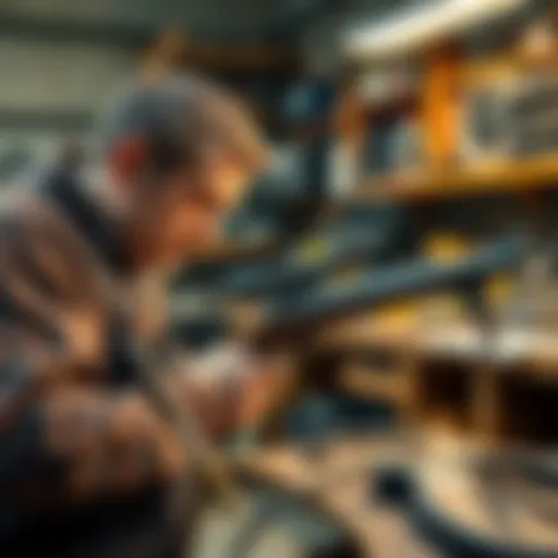 A skilled gunsmith working on an SO-14 rifle in a well-equipped workshop, showcasing craftsmanship and attention to detail.