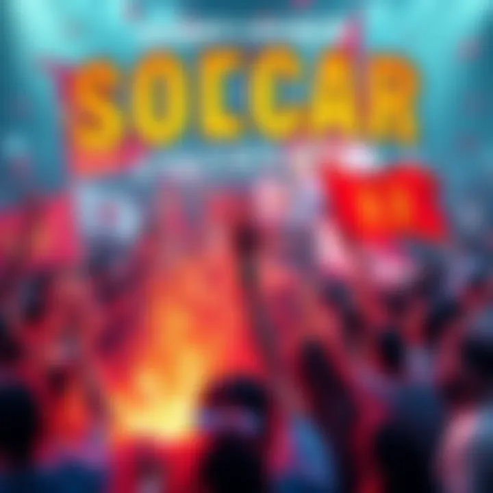 A vibrant scene with people celebrating the 10-year anniversary of Soccar, holding banners and playing the game, filled with excitement and energy.