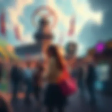 A vibrant gathering area in Marathon showing players interacting, trading, and enjoying art, with faction areas and vendors in the background.