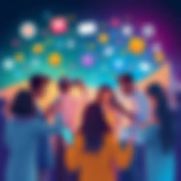 Social media trend illustration A vibrant illustration showcasing people engaged with smartphones and discussing a new social media technique surrounded by colorful graphics representing digital trends