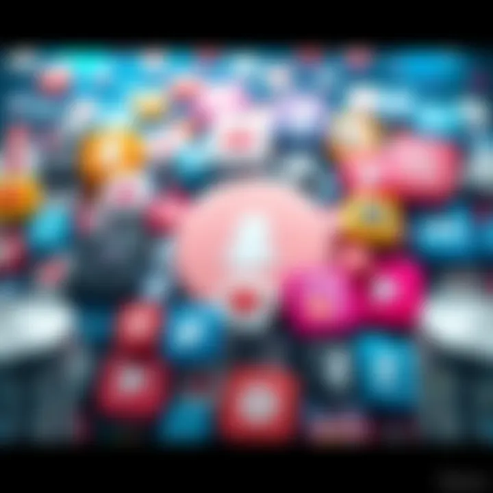 Social Media Trends A collage of popular social media icons with trending topics and hashtags surrounding them.