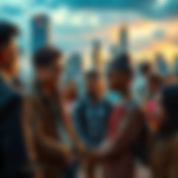 Societal Norms in 2026 A group of diverse people engaging in conversations, representing modern societal norms and standards, with a cityscape in the background.