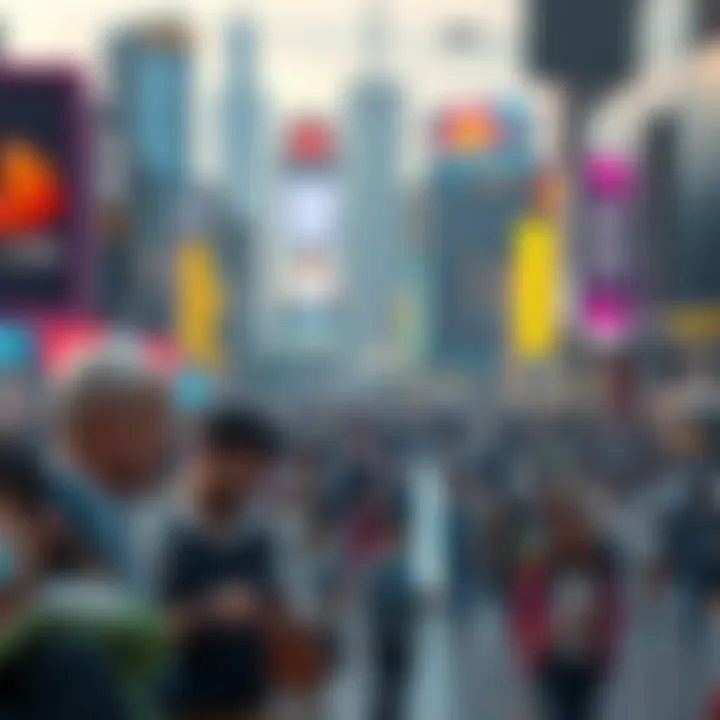 A bustling cityscape in 2025 filled with diverse people using advanced technology, enjoying new social interactions and innovations.