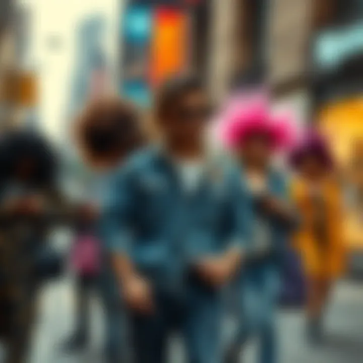 Group of people showing off unusual fashion styles and behaviors in an urban setting