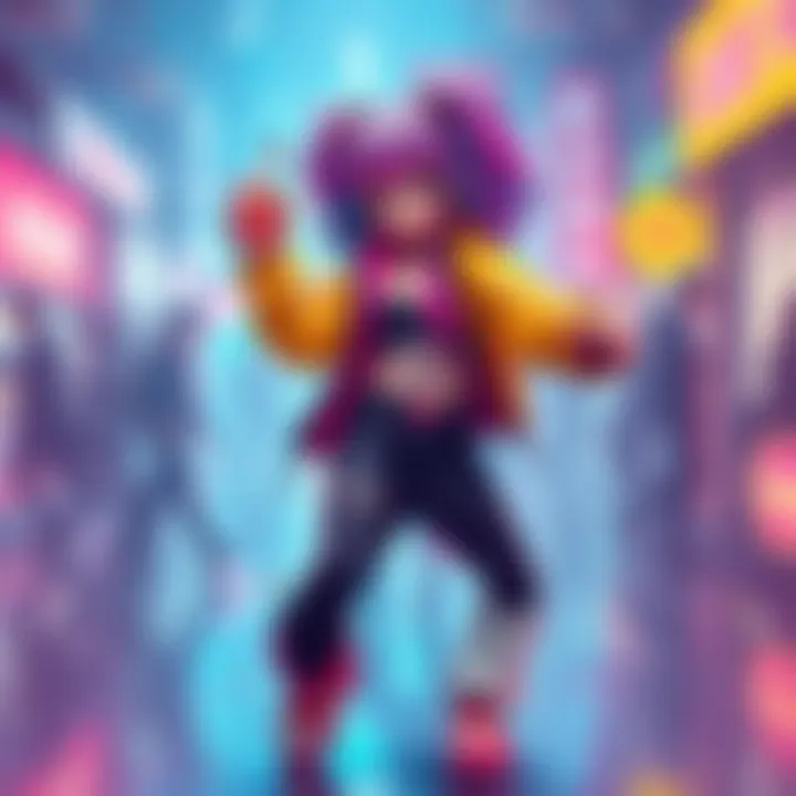 A vibrant dance pose inspired by KPop Demon Hunters, featuring a character with colorful hair and stylish outfit doing a fun dance move with soda in hand.