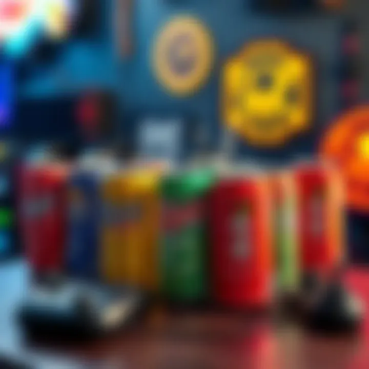 Soda selection for gamers A variety of colorful soda cans on a table with gaming accessories