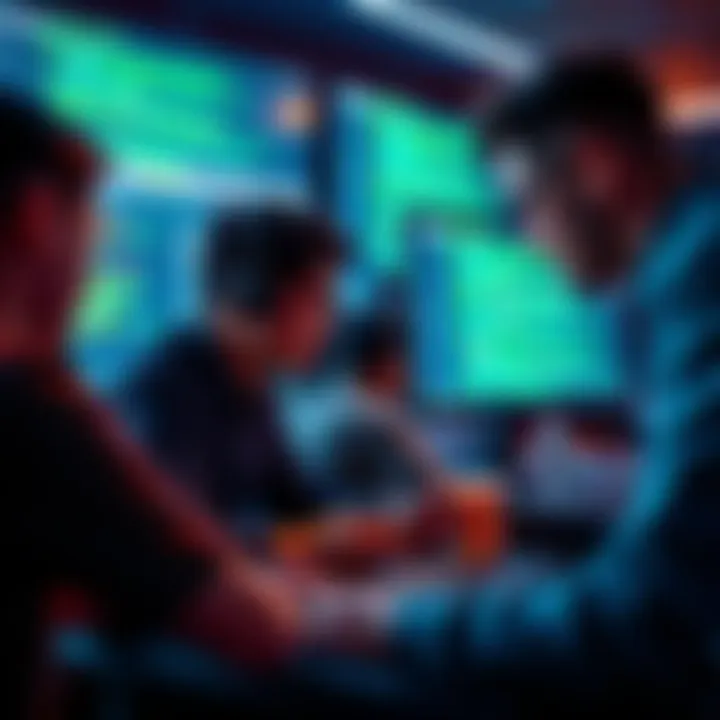 A team of developers examining computer screens showing code and bug reports related to software systems.