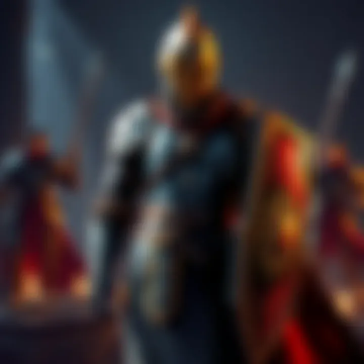 A character in armor with a sun emblem on his shield, standing in a dark, fantasy setting, looking confident and heroic.
