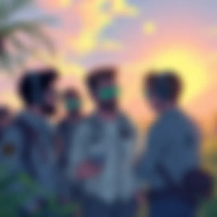Illustration showing game developers discussing transparency in a bright, optimistic setting with elements of nature and technology.