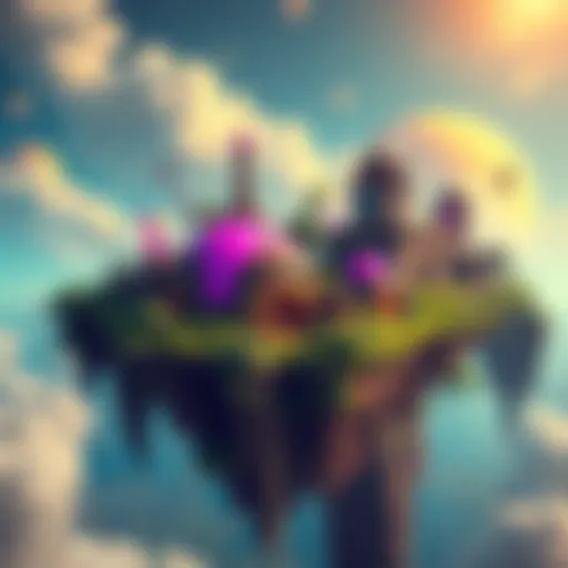 A vibrant scene showcasing floating islands with greenery and futuristic buildings, representing a sustainable world from the game Solarpunk. A giveaway announcement is visible, inviting people to par...