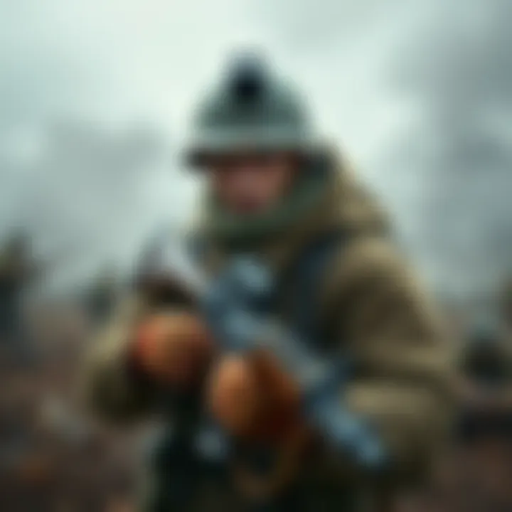 A soldier dressed in World War II combat attire, holding a rifle with a battlefield backdrop, representing single-player WWII shooters