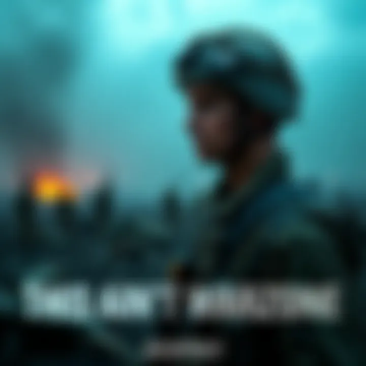 A soldier looking solemnly over a war-torn landscape, showing the emotional weight of conflict