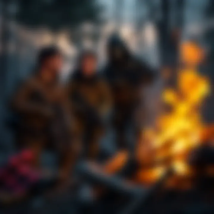 Soldier with Friends Planning Adventure A soldier and three friends gathered around a campfire, laughing and discussing plans for mischief and arson adventures, reflecting their quirky personalities.