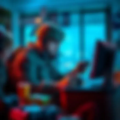 A person intensely focused on playing a war-themed video game, surrounded by gaming gear and snacks, enjoying their vacation time