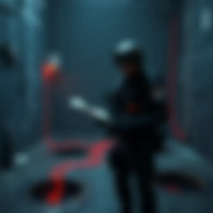 Soldier during tactical mission A soldier stands in a dimly lit area, looking at a map with uncertainty. Surrounding him are potential routes indicated by manholes and drains, creating a sense of confusion. He appears focused, contemplating his next move.