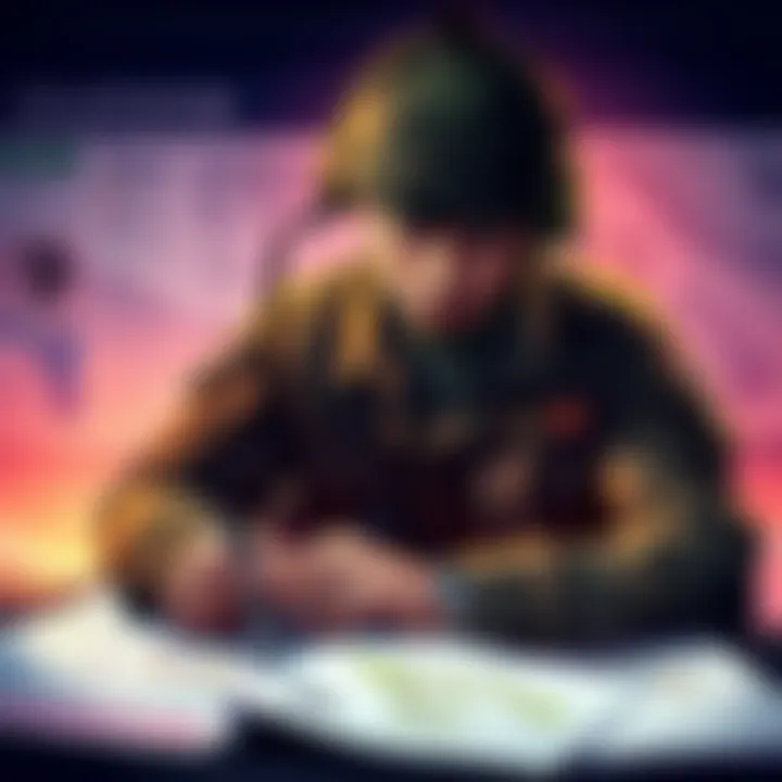 A soldier studying maps and diagrams of military strategies, comparing them with Snake's tactics.