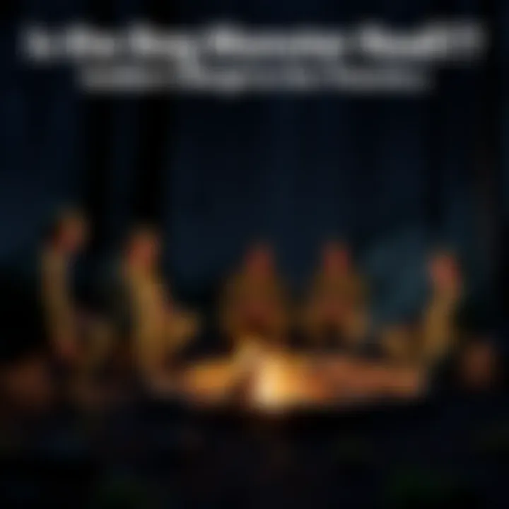 A group of soldiers gathered around a campfire sharing theories about the bog monster, with a dark forest in the background