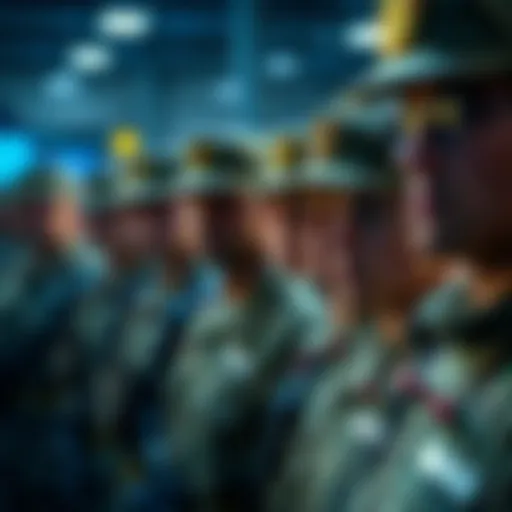 Soldiers in Boot Camp Soldiers lined up in military uniforms preparing to return to boot camp with focused expressions