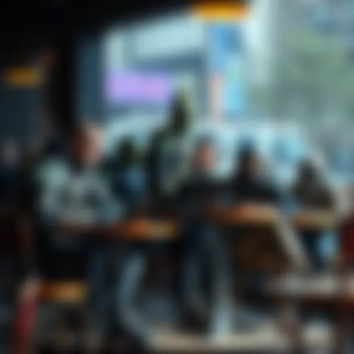 A group of soldiers from different species, like Hunters, Spartans, and Grunts, sitting at a cafe, discussing their new civilian jobs and lives.